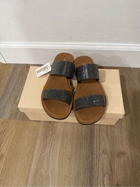 Juliana Black Crystal Double-Strap Slide Sandals - Women's